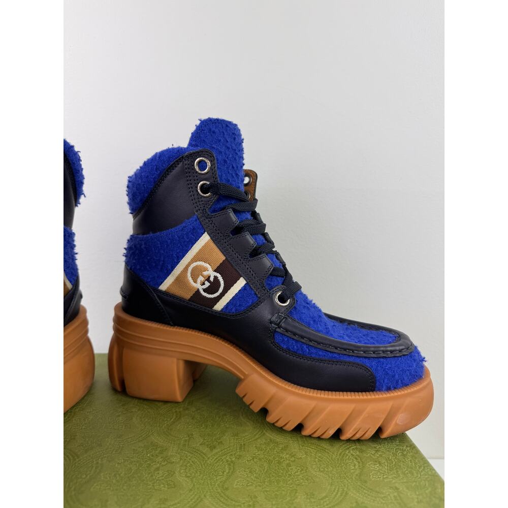GUCCI Blue Tan Cast Wool Quebeck Calfskin Chunky Heel Boots Lace Up Size 36.5 - Picture 4 of 12